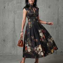 Amara High Neck Keyhole Floral Pleated Midi Dress