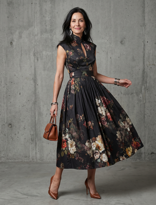 Amara High Neck Keyhole Floral Pleated Midi Dress