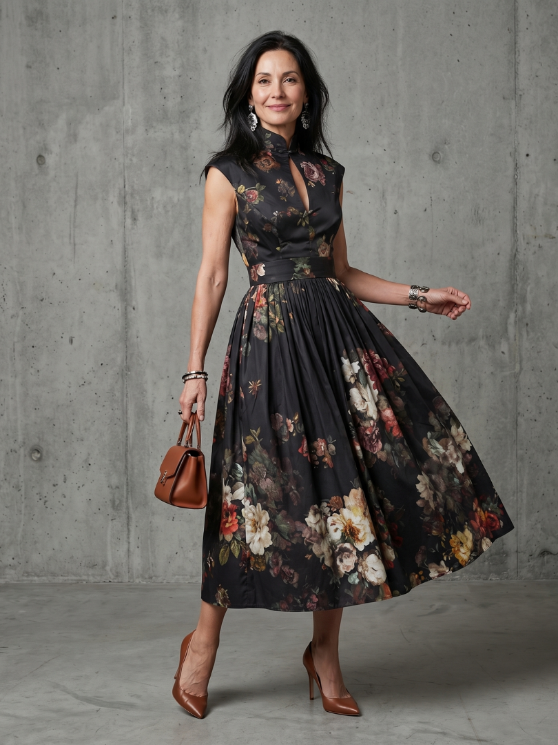 Amara High Neck Keyhole Floral Pleated Midi Dress