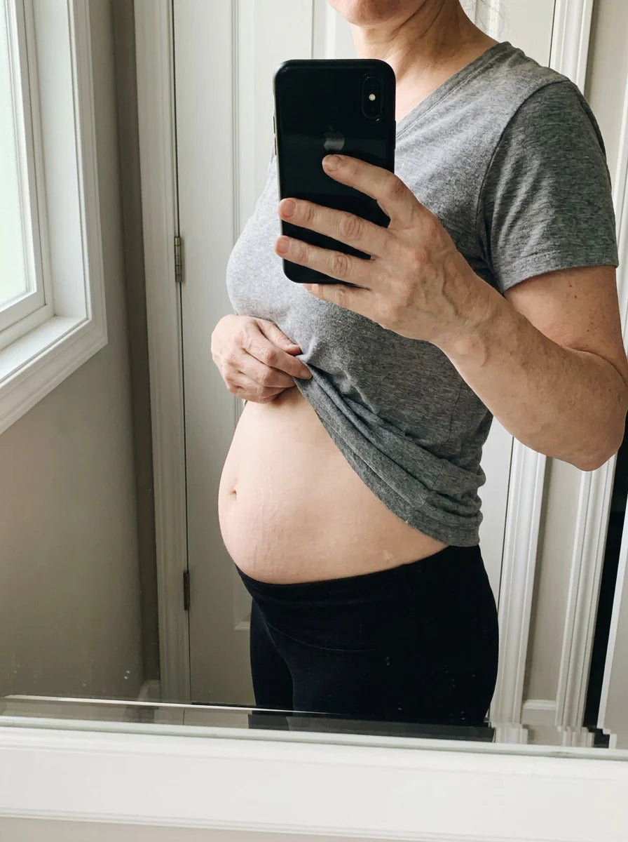 A woman lifting her shirt to look at her stomach in the mirror