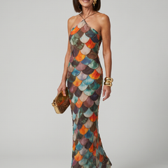 Larkin Fitted Multicolor Scale Pattern Maxi Dress