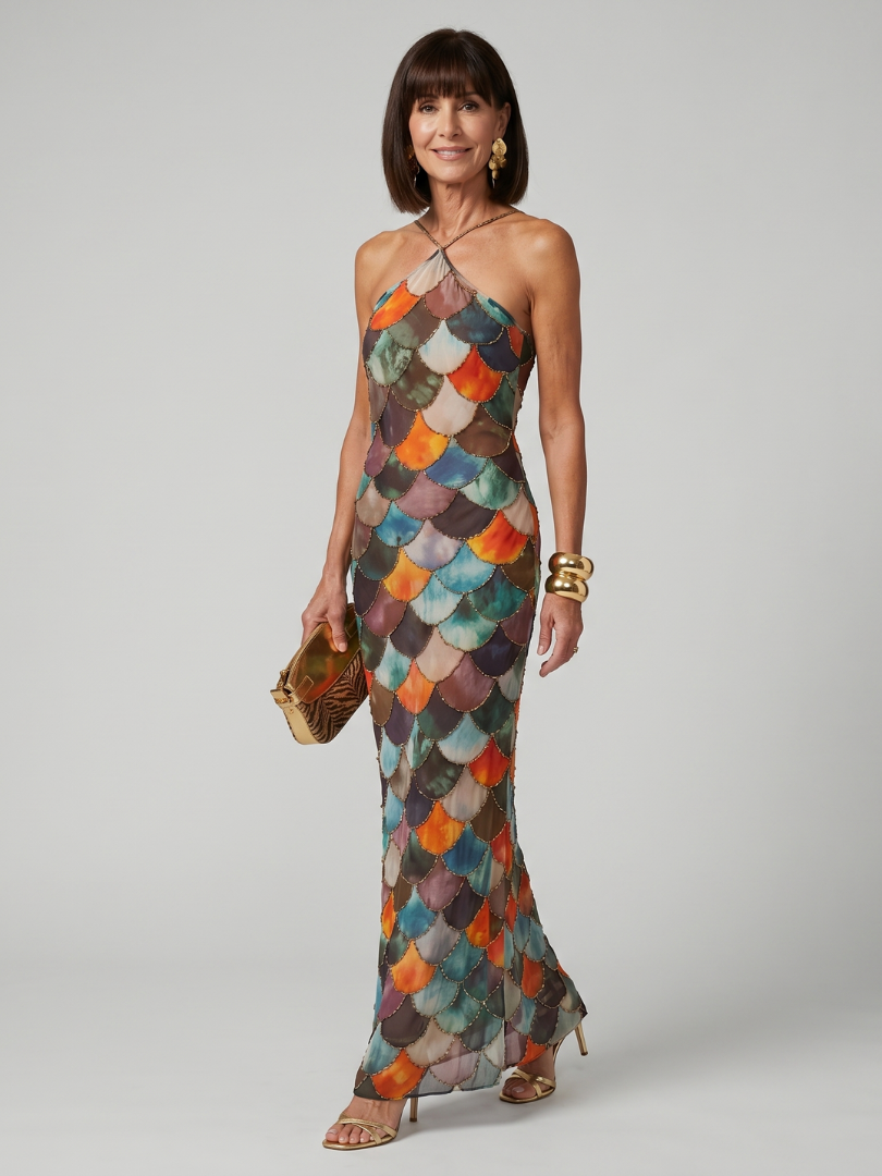 Larkin Fitted Multicolor Scale Pattern Maxi Dress