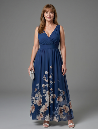 Valentina Sleeveless V Neck Soft Floral Hem Midi Dress