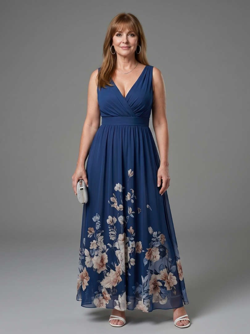 Valentina Sleeveless V Neck Soft Floral Hem Midi Dress