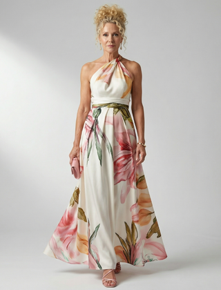 Amiel Light Floral Maxi Dress with Halter Neckline