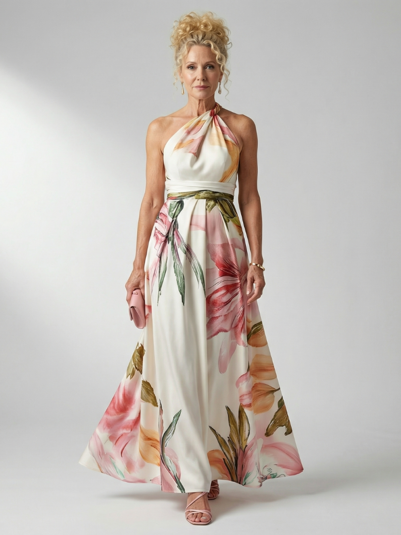 Amiel Light Floral Maxi Dress with Halter Neckline