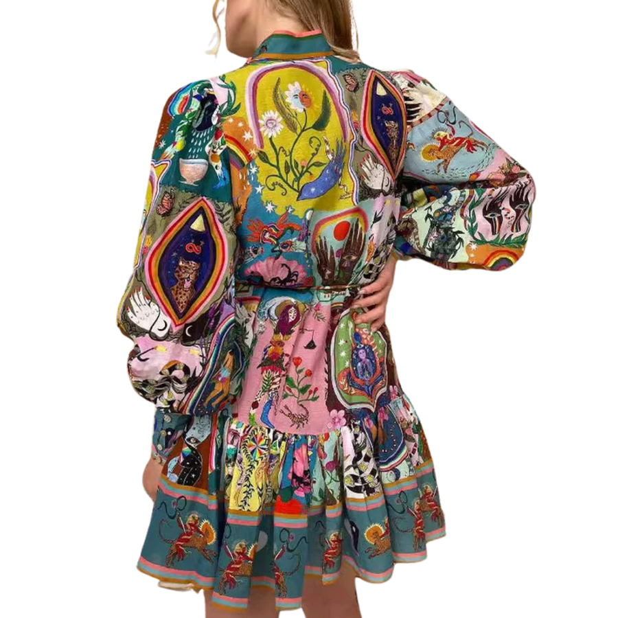 Lantern sleeves and pleated skirt detail