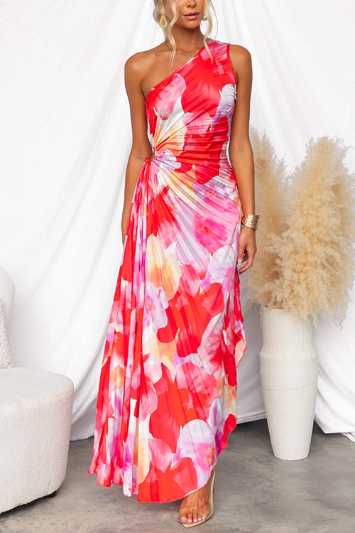 Yanira Pleated One-Shoulder Dress with Asymmetric Hem