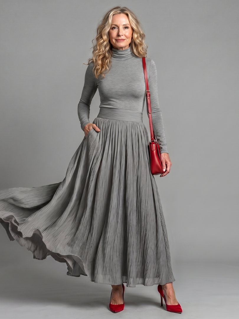 Lana Long Sleeve Turtleneck Defined Waist Midi Dress