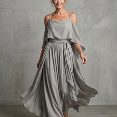 Rosalie Layered Drape Cold Shoulder Top Wide Leg Set