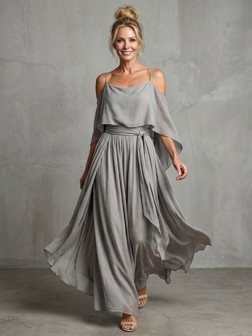 Rosalie Layered Drape Cold Shoulder Top Wide Leg Set