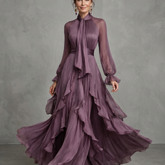 Demetria Tie Neck Ruffle Tiered Maxi Dress