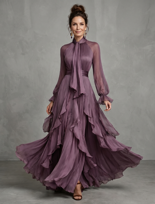Demetria Tie Neck Ruffle Tiered Maxi Dress