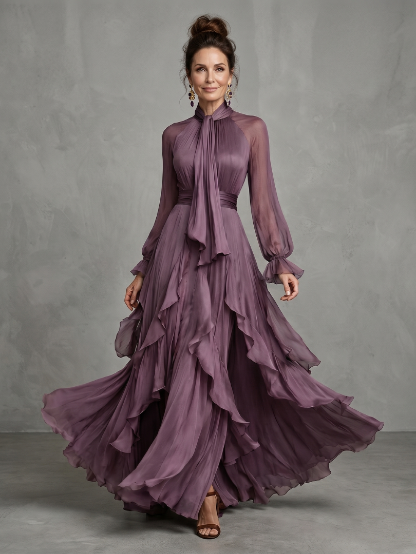 Demetria Tie Neck Ruffle Tiered Maxi Dress