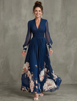 Ziva Pleated Sheer Sleeves Maxi Dress