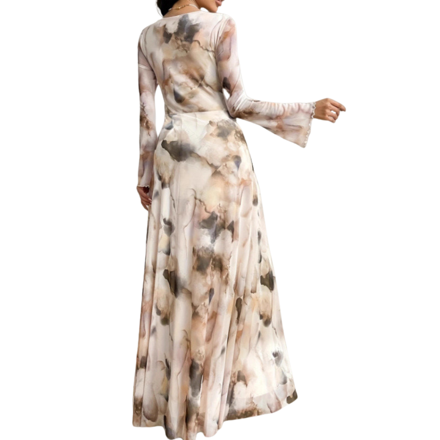 Printed bell sleeve midi dress shown from the side