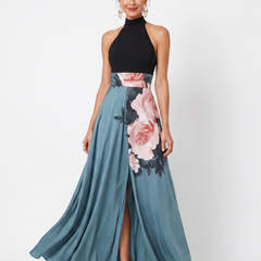 Olympas Halter Bodice Floral Skirt Maxi Dress