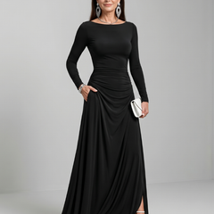 Winifred Long Sleeve Boat Neck Flowing Maxi Dress