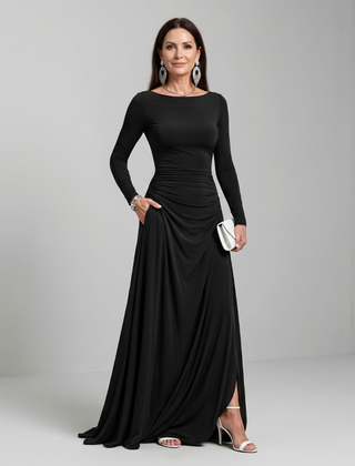 Winifred Long Sleeve Boat Neck Flowing Maxi Dress