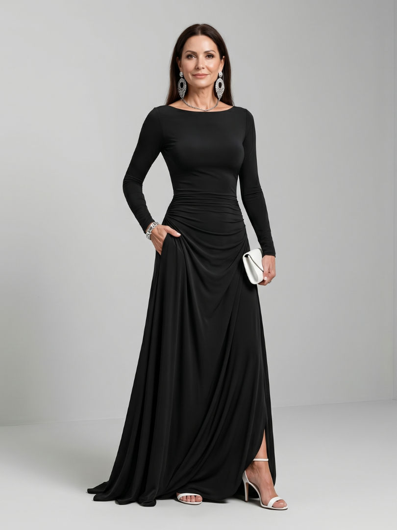 Winifred Long Sleeve Boat Neck Flowing Maxi Dress