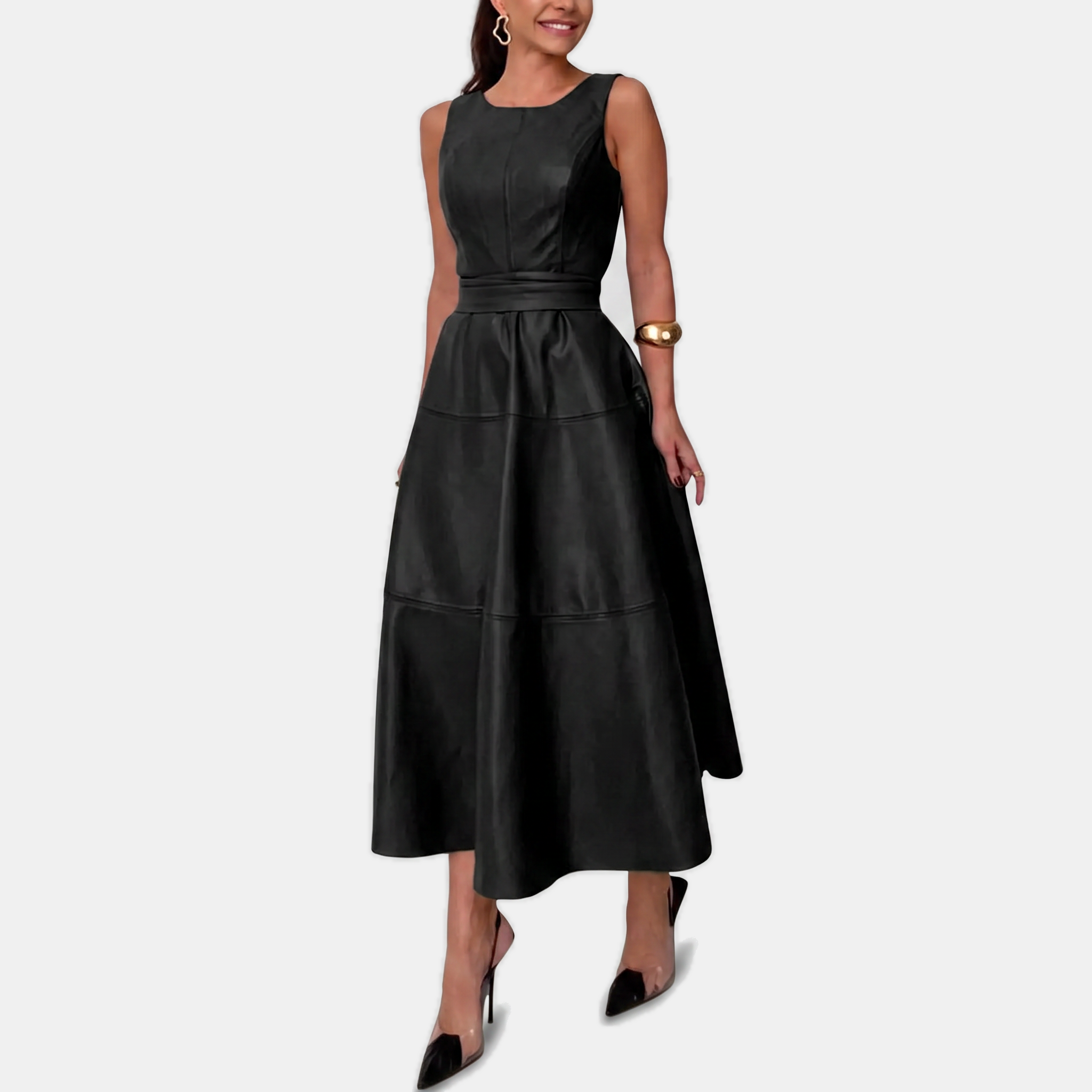 Faux leather dress showing wide wrap belt