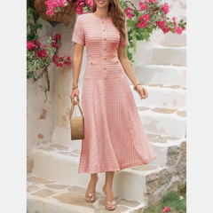 Model wearing the button front midi dress