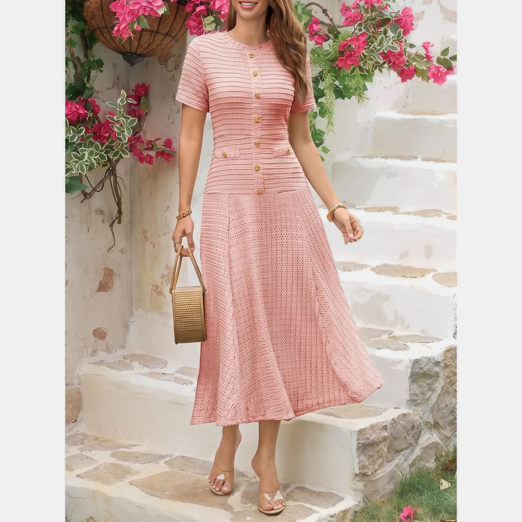 Model wearing the button front midi dress