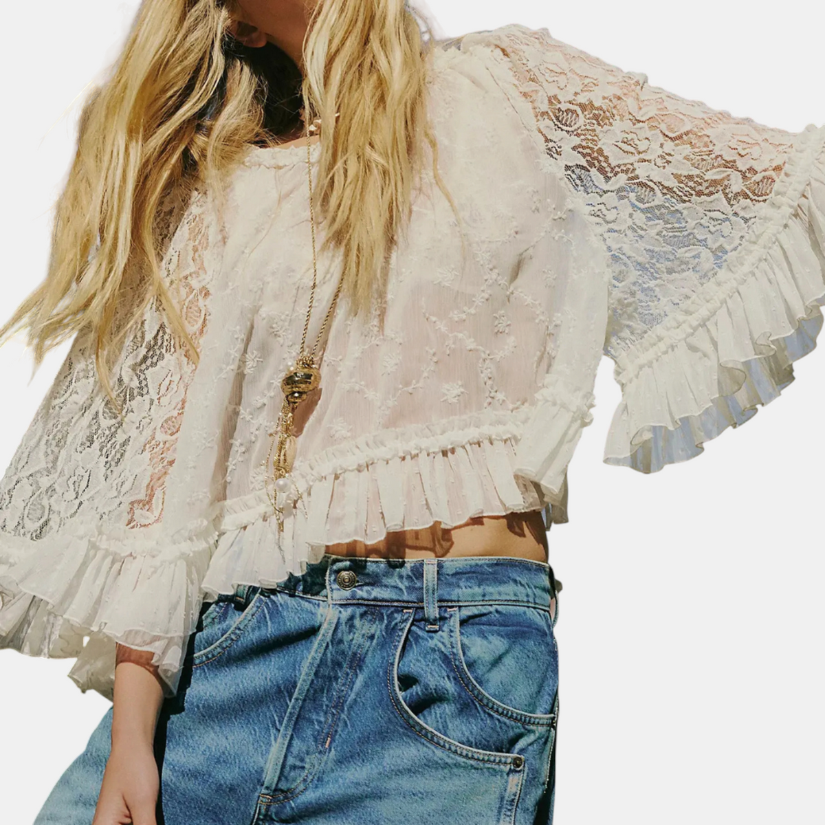 Women's Lace Hollow Out Flared Sleeve Sheer Cropped Top