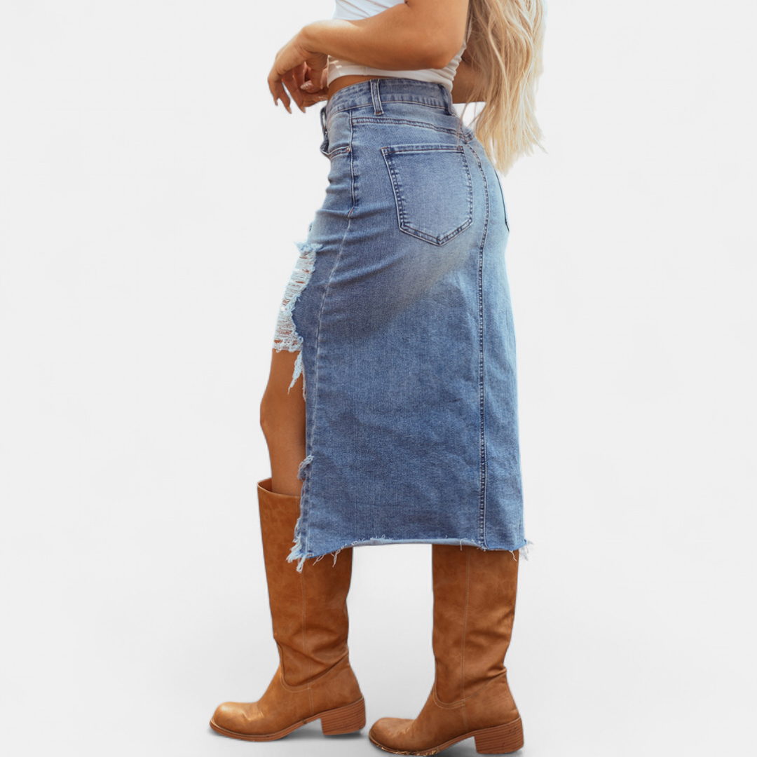 Side pocket detail on the Blake denim maxi skirt