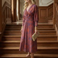 Lune Natural Wrap Midi Dress with Long Sleeves