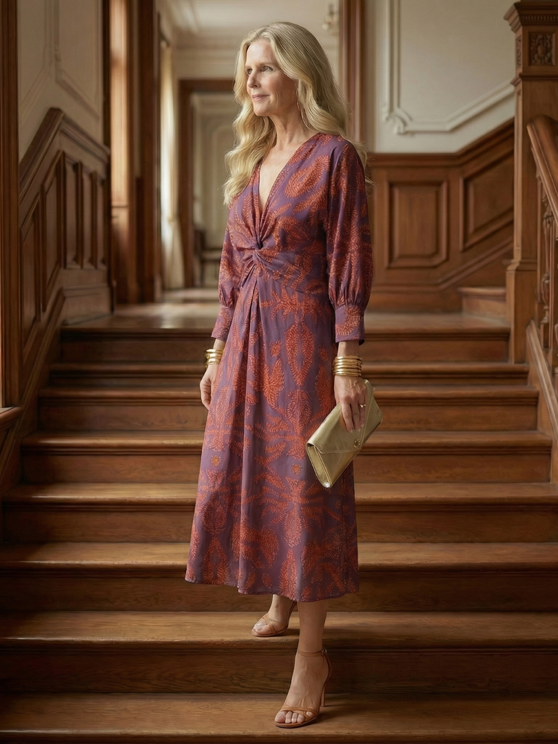 Lune Natural Wrap Midi Dress with Long Sleeves