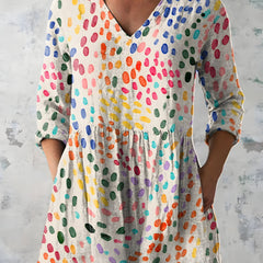 Multicolour long blouse with V-neck styled on model