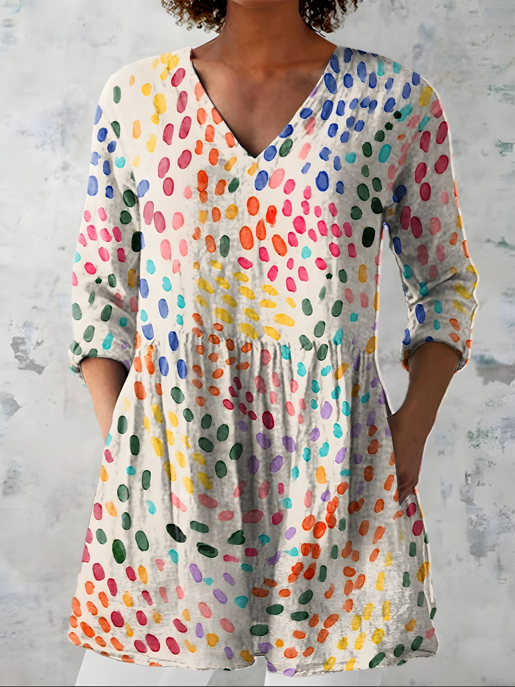 Multicolour long blouse with V-neck styled on model