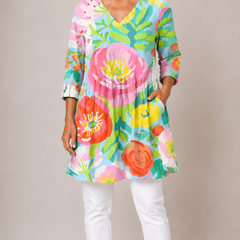 Multicolour printed long blouse with V-neck, front view