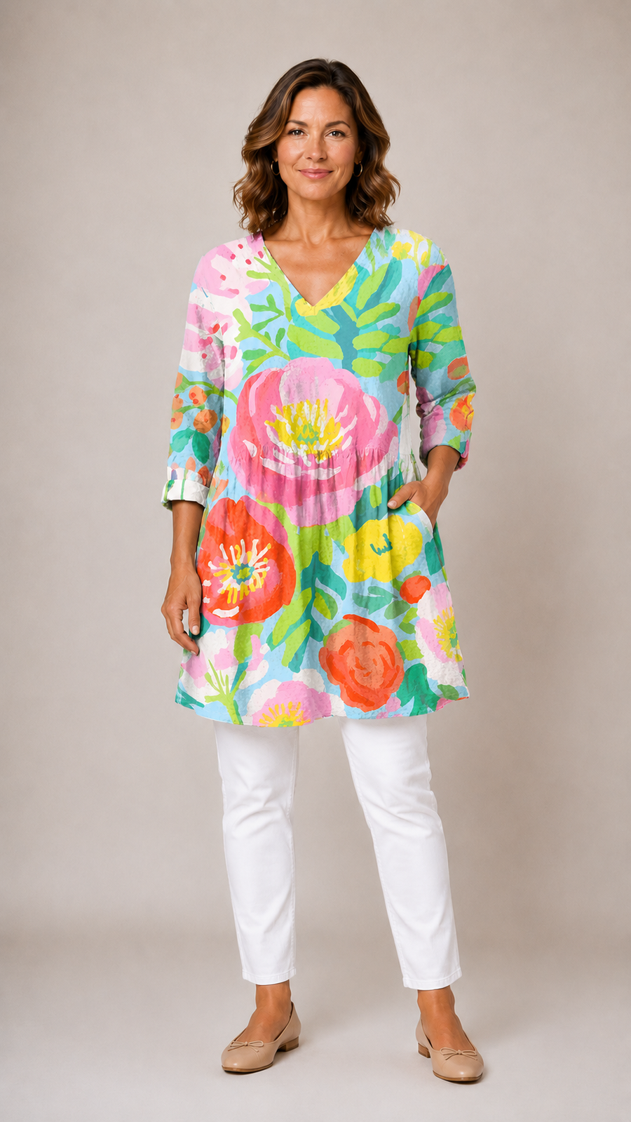 Multicolour printed long blouse with V-neck, front view