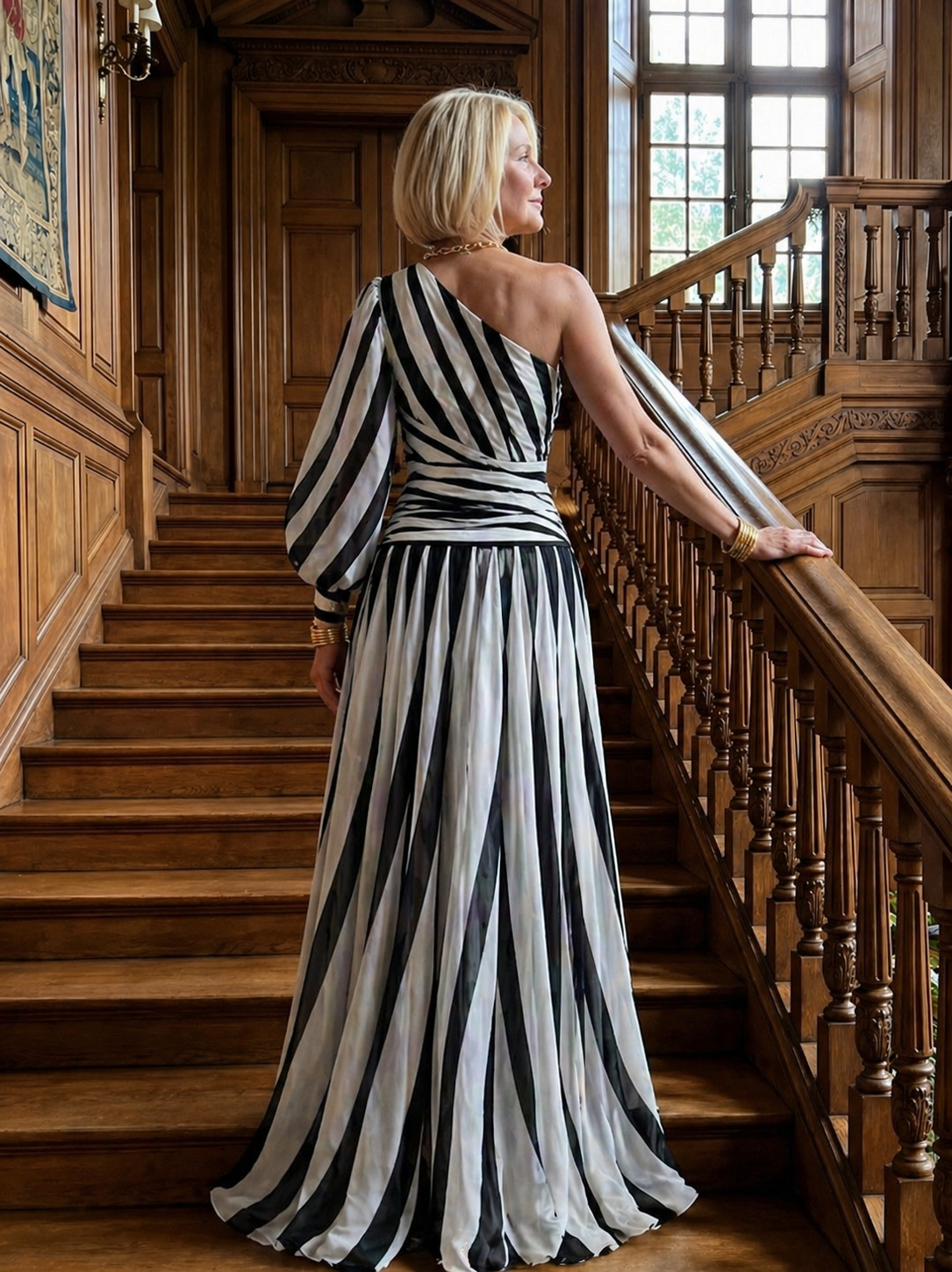 Shiloh Elegant Striped Maxi Dress With One Shoulder