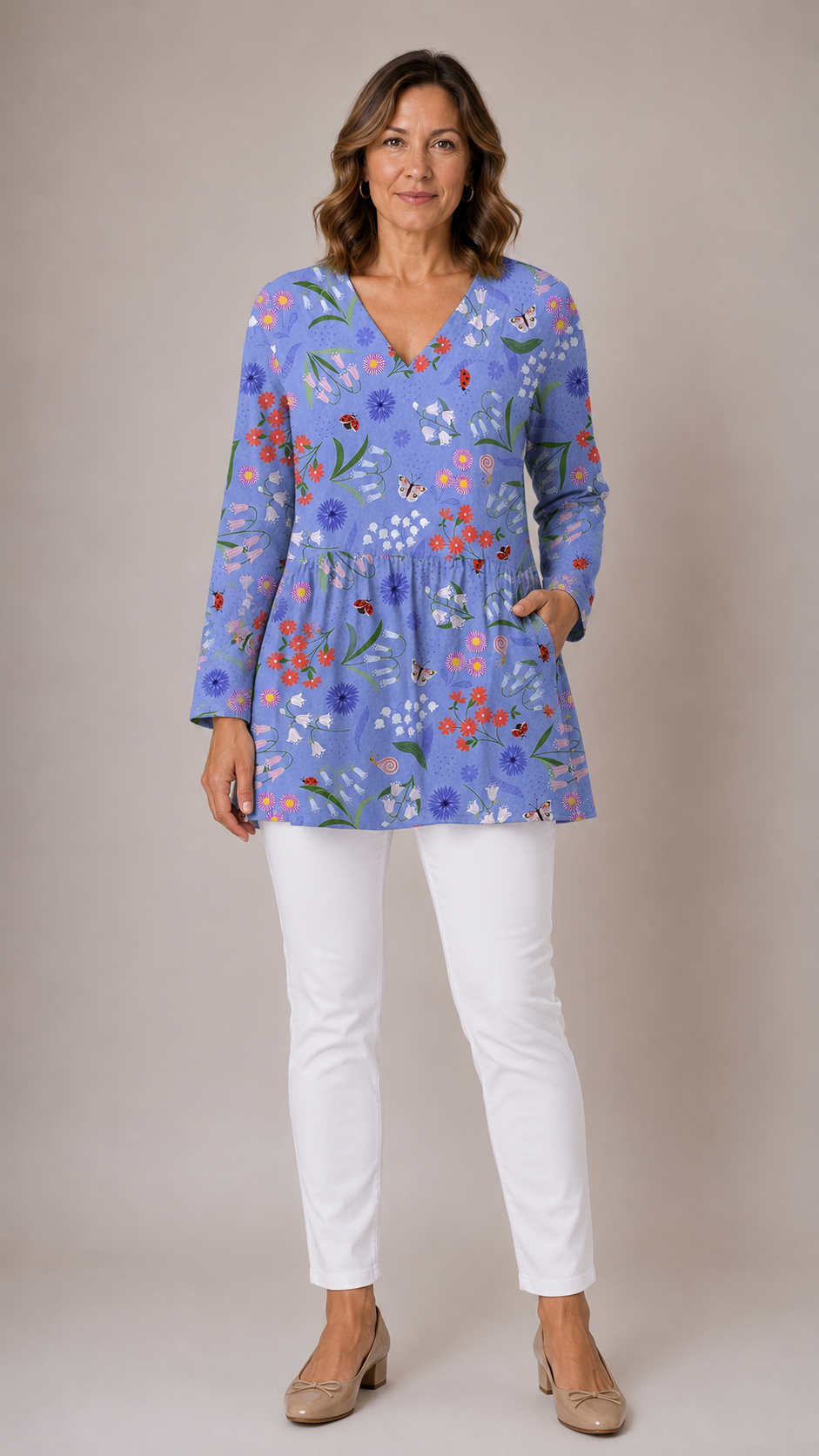 Josie long blouse in purple, front view