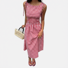 Model wearing the smocked waist midi dress