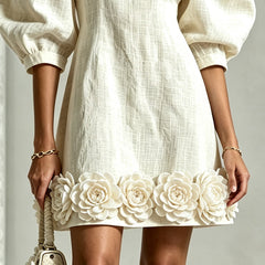 Blanche Floral-Hem Puff-Sleeve Mini Dress