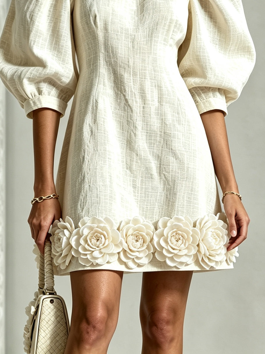 Blanche Floral-Hem Puff-Sleeve Mini Dress