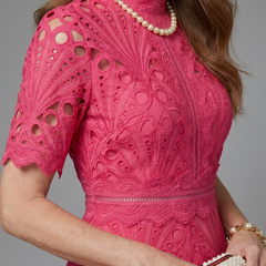 Tabitha Short Sleeve Eyelet Lace Fitted Waist Midi Dress