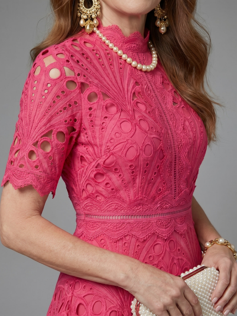 Tabitha Short Sleeve Eyelet Lace Fitted Waist Midi Dress