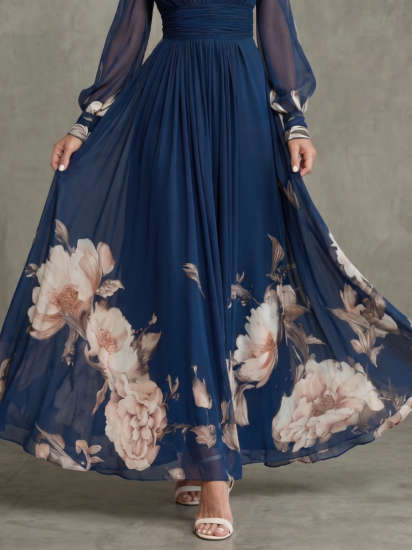 Ziva Pleated Sheer Sleeves Maxi Dress