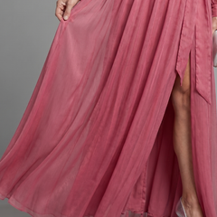 Meredith Long Sleeve Wrap Sheer Flowing Maxi Dress