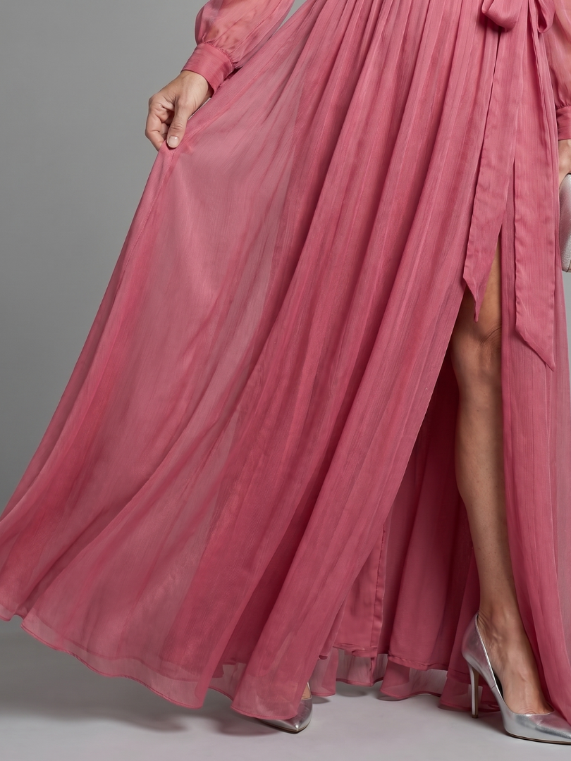 Meredith Long Sleeve Wrap Sheer Flowing Maxi Dress
