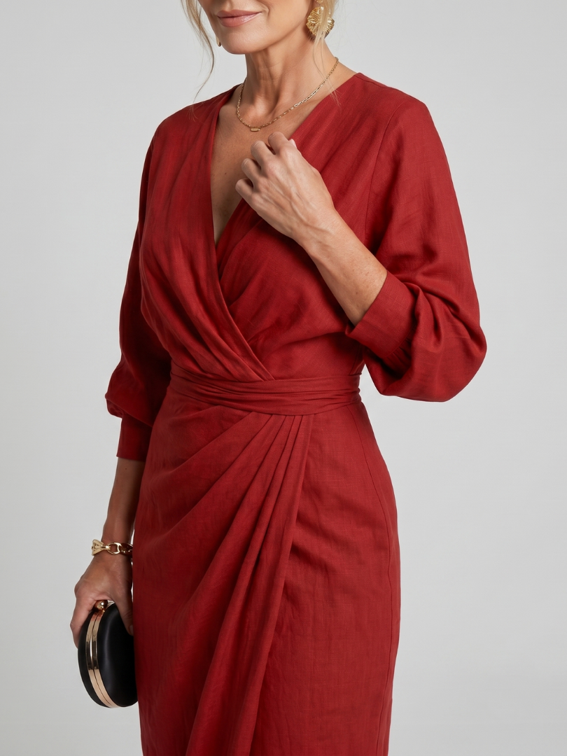 Fable Long Sleeve Wrap Overlap Skirt Midi Dress