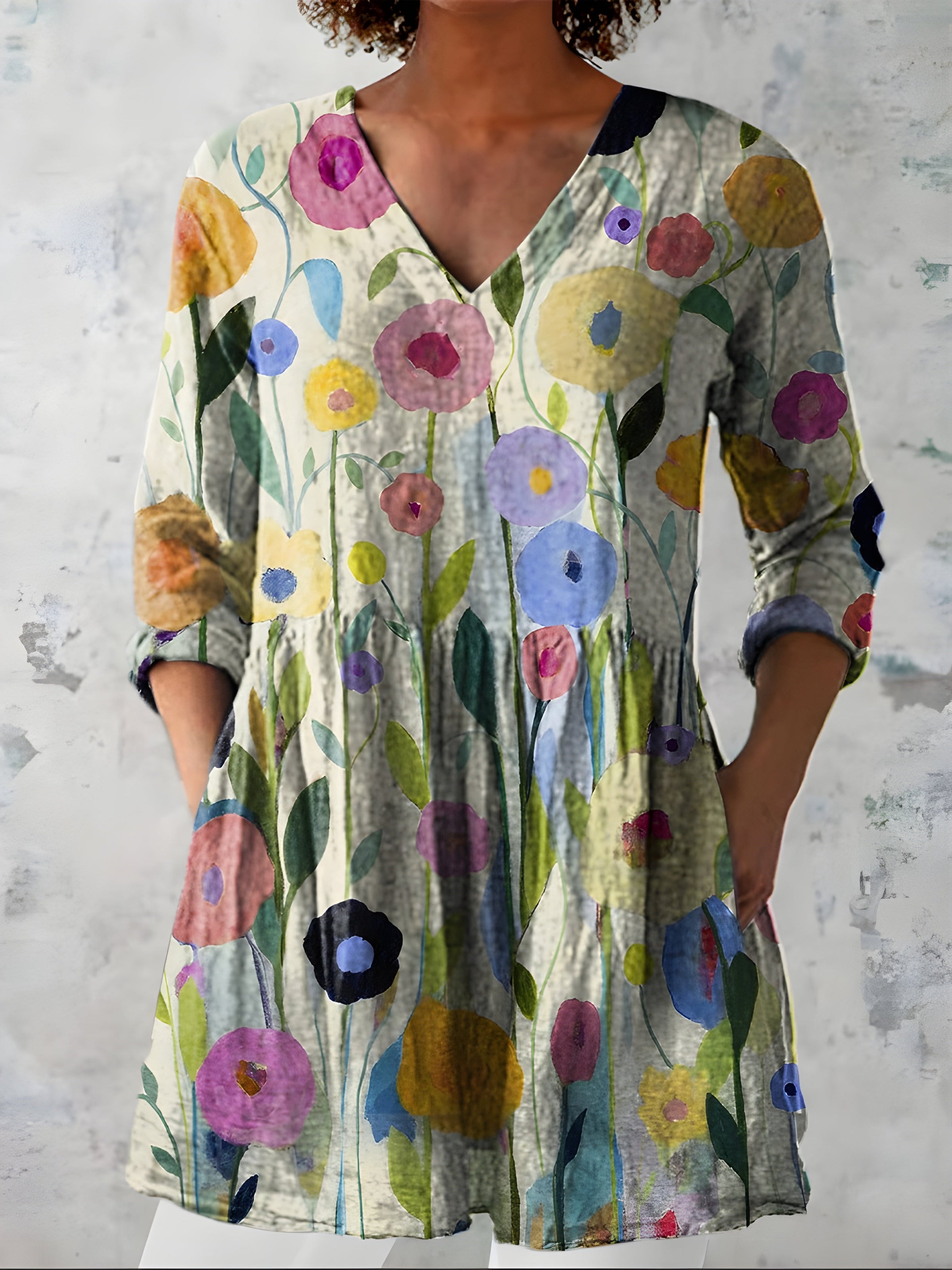 Model wearing the Nellie multicoloured long blouse