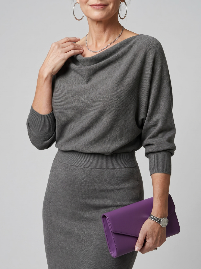 Ursula Draped Neckline Fitted Skirt Midi Dress