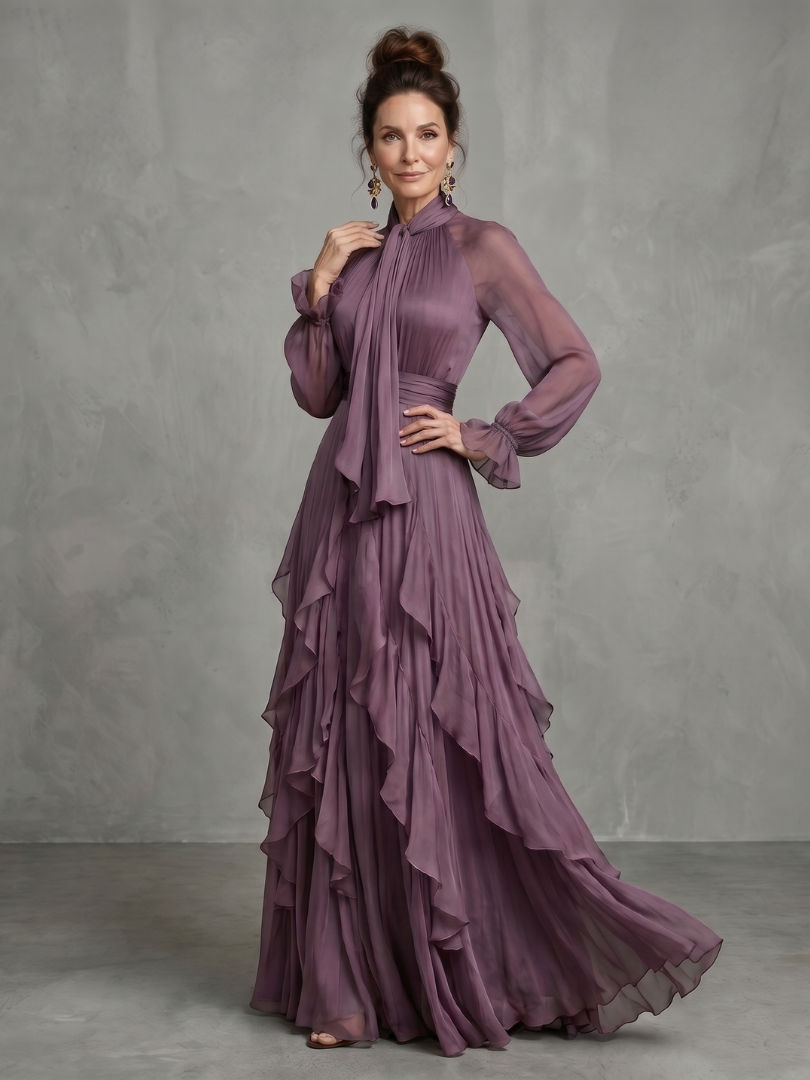 Demetria Tie Neck Ruffle Tiered Maxi Dress