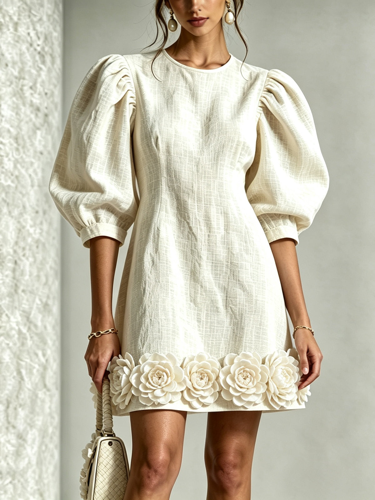 Blanche Floral-Hem Puff-Sleeve Mini Dress